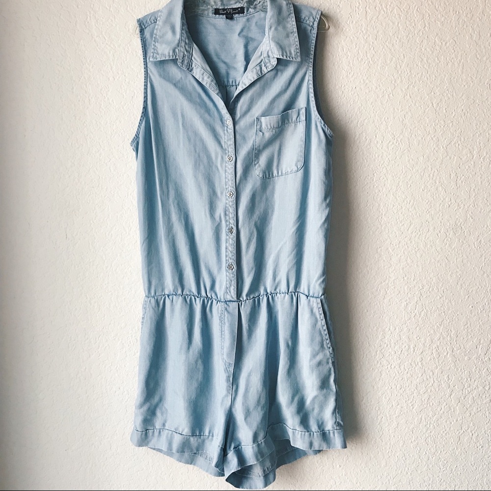 sleveless button up denim romper